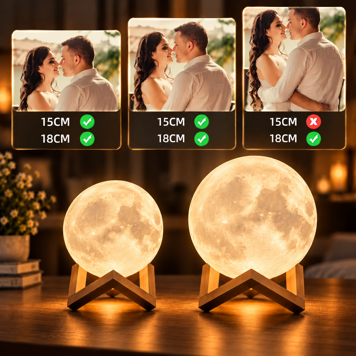 La lampe lune photo Alandra sur son socle en bois